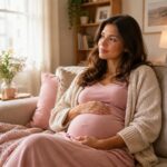 gestante sentada em casa com a mão na barriga, pensativa, representando a dúvida sobre remédio para ansiedade na gravidez