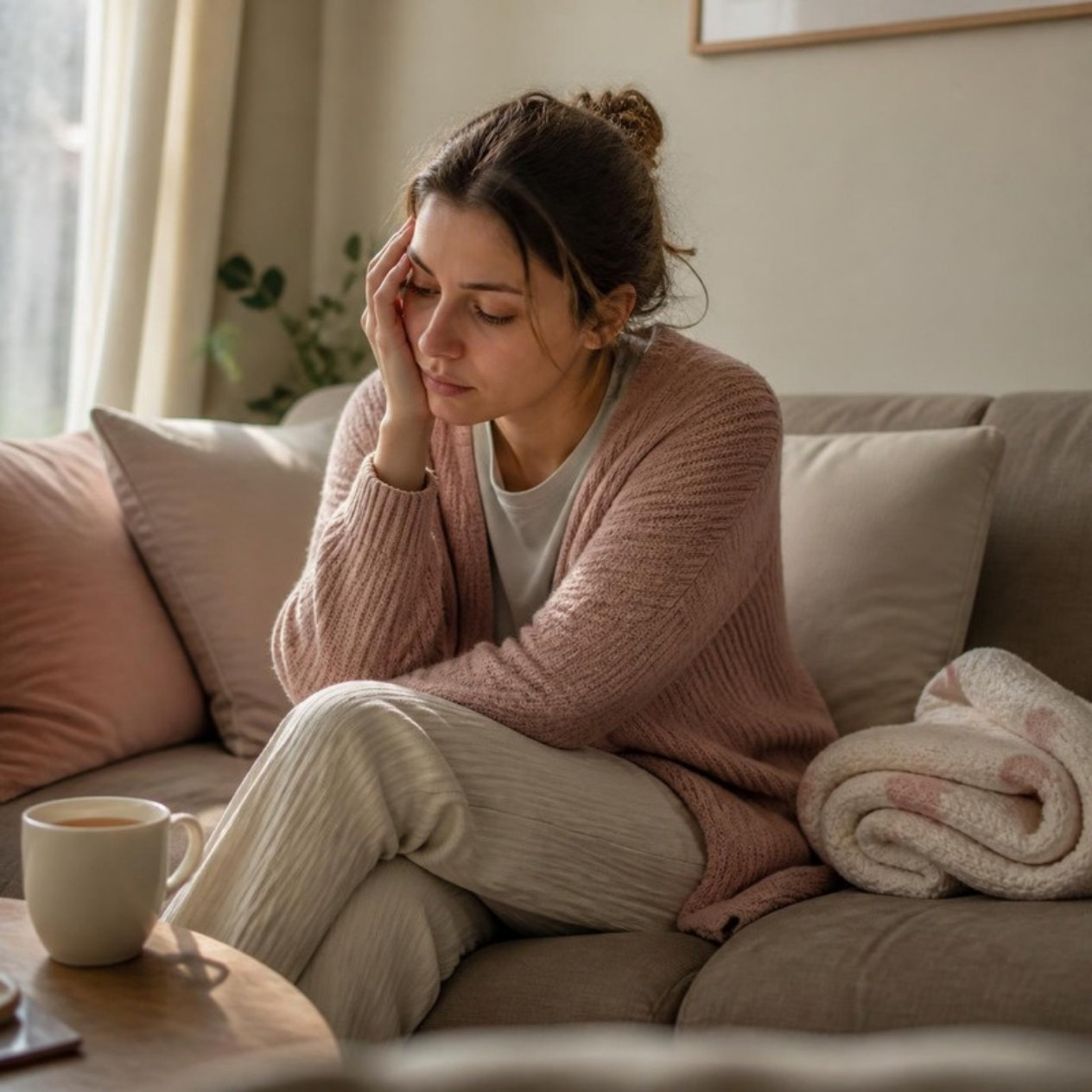 mãe autista exausta segurando a cabeça, representando o burnout autístico
