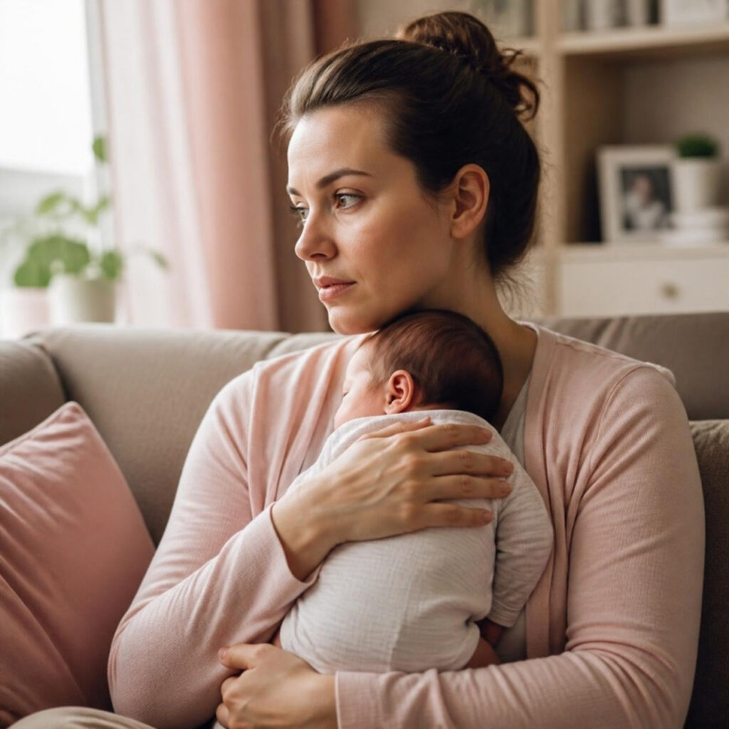 mãe com o bebê no colo em casa, com expressão preocupada, representando a ansiedade no pós-parto