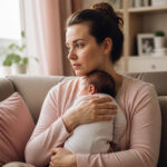 mãe com o bebê no colo em casa, com expressão preocupada, representando a ansiedade no pós-parto
