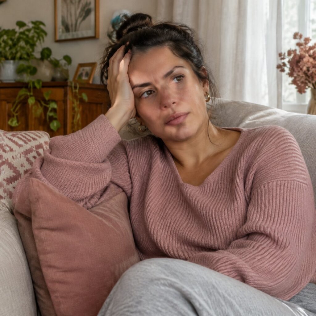 mulher sentada no sofá com expressão cansada e irritada, representando os sintomas do TDPM antes da menstruação