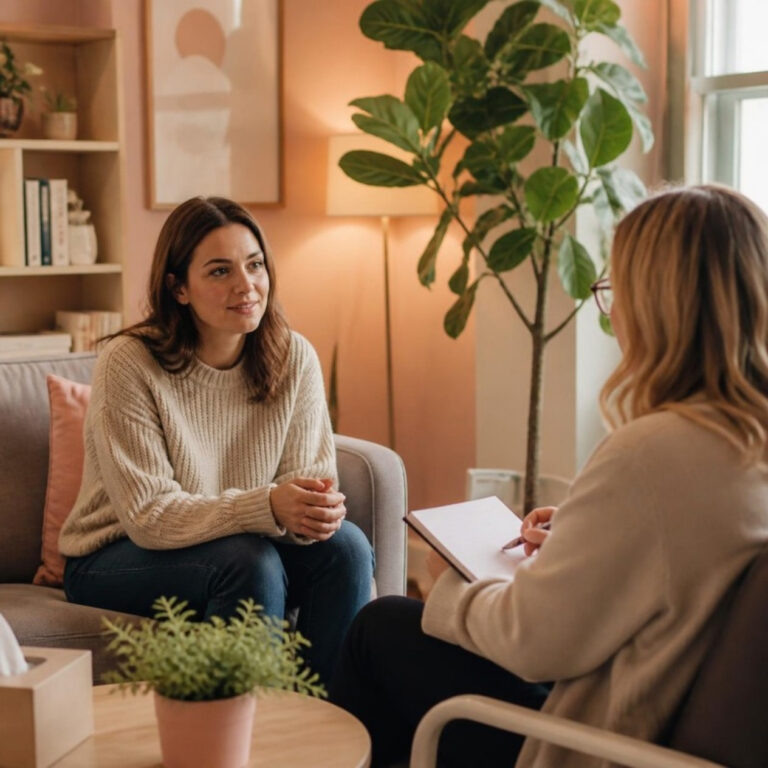 paciente conversando com a psiquiatra na primeira consulta em um consultório acolhedor