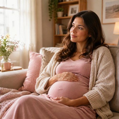 gestante sentada em casa com a mão na barriga, pensativa, representando a dúvida sobre remédio para ansiedade na gravidez