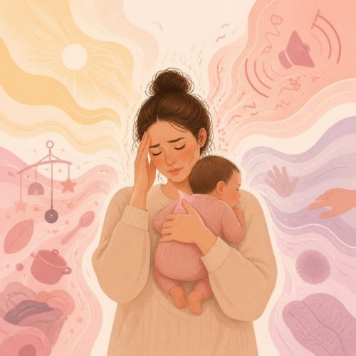 ilustração de sobrecarga sensorial, luz, som e toque