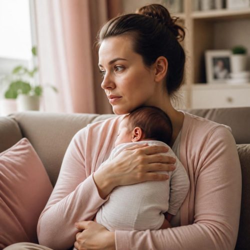 mãe com o bebê no colo em casa, com expressão preocupada, representando a ansiedade no pós-parto