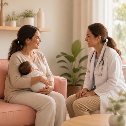 mãe conversando com a psiquiatra perinatal em consulta sobre ansiedade no pós-parto