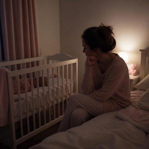 mãe sentada na cama de madrugada ao lado do berço, sem conseguir dormir por ansiedade no pós-parto